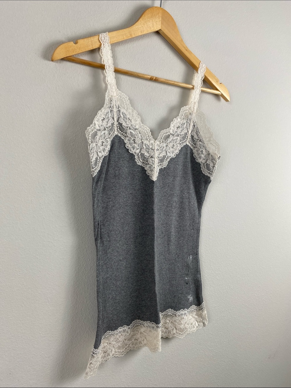 Abercrombie & Fitch Lace Embroidered Ribbed Camisole/Tank Top | Gray/Ivory - Picture 7 of 16